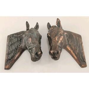 Vtg Solid Brass Horse Head Wall Hangers Hooks Pair MCM Equestrian Decor Patina